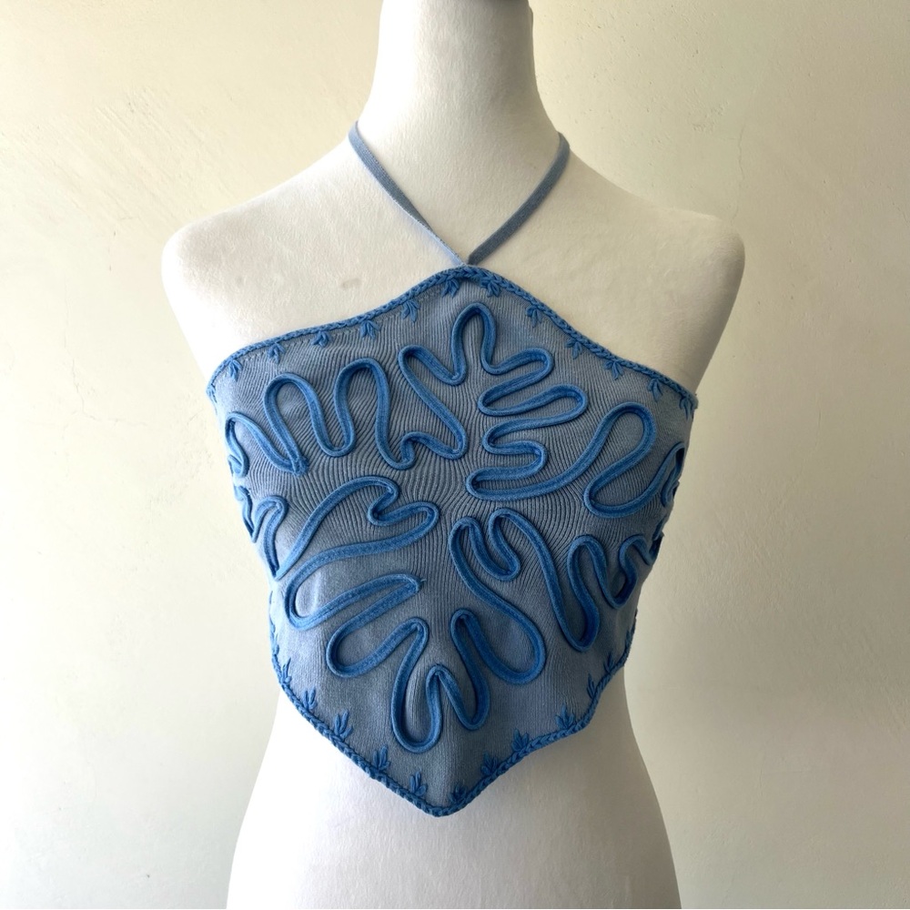 Embroidered Halter Top size S blue cropped silhouette back tie closure - Picture 6 of 10